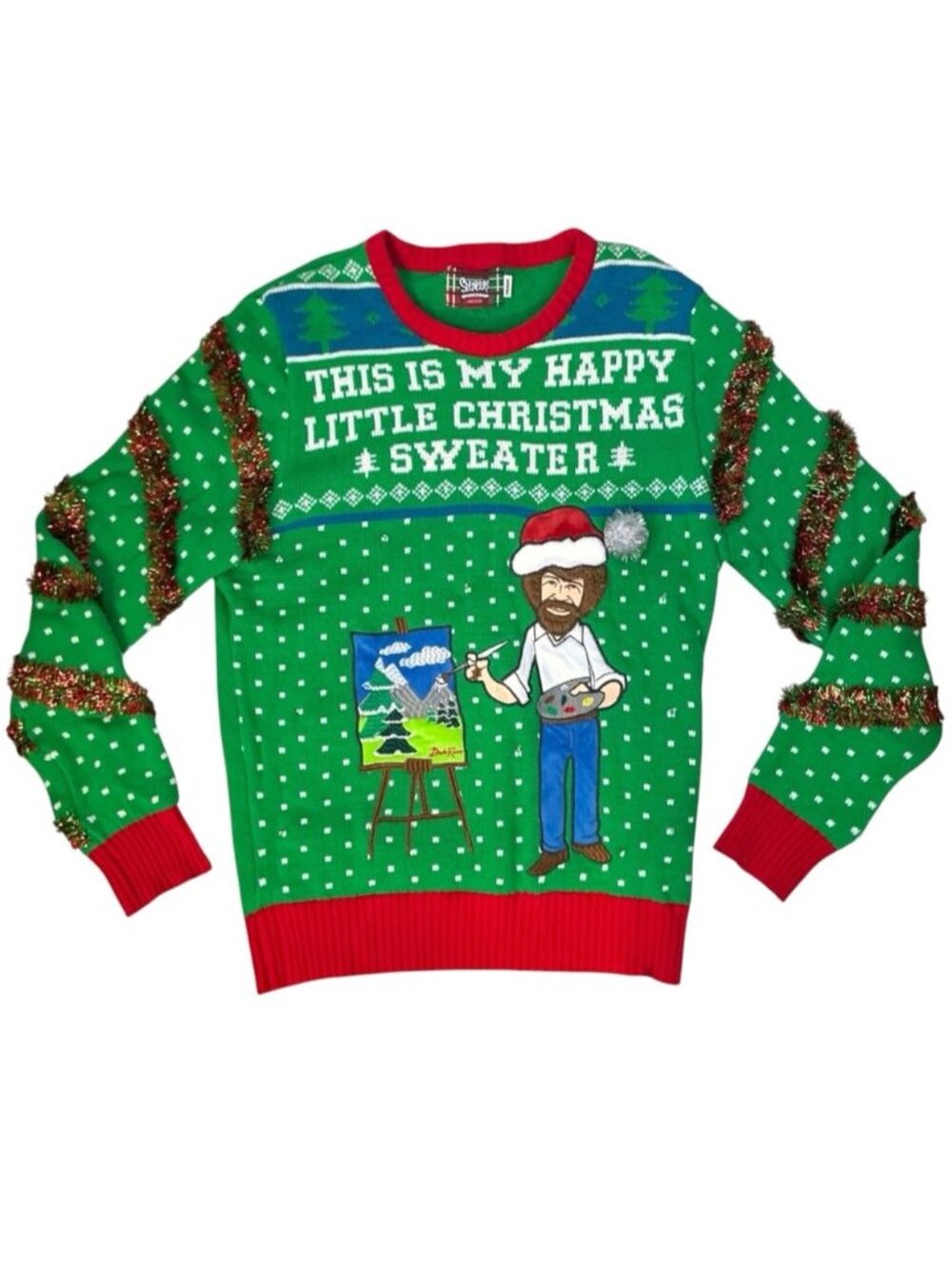 Bob Ross Happy Little Christmas Ugly Christmas Sweater Tinsel Unisex Men Medium